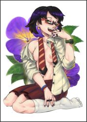 1girl black-framed_eyewear black_hair blush bracelet breasts brown_skirt commentary crescent crescent_earrings earrings english_commentary fingernails flower full_body glasses green_eyes highres jewelry looking_at_viewer medium_breasts multicolored_hair navel navel_piercing necktie nipples no_bra no_shoes open_clothes open_mouth open_shirt orange_necktie original piercing puchirisu purple_flower purple_hair purple_nails rectangular_eyewear remona_violeta ring seiza semi-rimless_eyewear shirt short_hair sitting skirt smile socks solo striped_necktie two-tone_hair under-rim_eyewear undone_necktie watch white_background white_shirt white_socks wristwatch