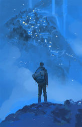 10nnnnn 1boy backpack bag bird black_hair black_hoodie black_pants blue_theme blurry bokeh building dao_mu_bi_ji depth_of_field facing_away from_behind highres hood hood_down hoodie light_particles long_sleeves male_focus mountain night night_sky outdoors pants scenery short_hair simple_bird sky solo standing village water waterfall zhang_qiling