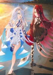 2girls bare_shoulders barefoot beach black_dress blue_eyes blue_hair blue_ribbon bow braid breasts choker dress dual_persona fate/grand_order fate_(series) hair_between_eyes hair_over_one_eye hairband highres holding_hands kamo_ashi long_hair long_sleeves multiple_girls open_mouth red_hair ribbon shore small_breasts smile thigh_strap twilight typhon_ephemeros_(fate) typhon_ephemeros_(second_ascension)_(fate) typhon_epsilon_(fate) very_long_hair white_dress wide_sleeves yellow_eyes