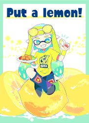 1girl blue_boots blue_eyes blue_hair boots border bright_pupils chicken_(food) commentary_request dot_nose english_text eyewear_on_head food fried_chicken fruit full_body green_border green_eyes green_hair grin holding holding_food holding_fruit holding_plate inkling inkling_girl inkling_player_character lemon lemon_slice long_hair looking_at_viewer multicolored_eyes multicolored_hair nintendo plate pointy_ears shirt short_sleeves sitting sitting_on_food smile solo splatoon_(series) splatoon_2 star-shaped_pupils star_(symbol) sunglasses symbol-shaped_pupils t-shirt tentacle_hair tinted_eyewear twintails two-tone_eyes two-tone_hair white-framed_eyewear white_pupils whitedays wristband yellow-tinted_eyewear yellow_shirt