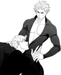 2boys abs_peek aohitsugi_samatoki assisted_exposure busujima_rio_mason collarbone greyscale highres hypnosis_mic jumpsuit looking_at_another looking_down male_focus monochrome mouth_hold multiple_boys parted_lips sideburns simple_background smile suko_mugi sweatdrop unzipped waist_hold white_background yaoi