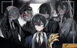 2girls 3boys baseball_cap black_eyes black_hair blade_lineage_(identity)_(project_moon) blood blood_on_face blue_coat coat collared_shirt don_quixote_(project_moon) gameplay_mechanics gloves hands_up hat highres holding holding_ticket hong_lu_(project_moon) kurokumo_clan_(identity)_(project_moon) limbus_company looking_at_viewer mu46016419 multiple_boys multiple_girls nausea necktie partially_colored project_moon red_necktie ryoshu_(project_moon) shirt sinclair_(project_moon) ticket tingtang_gang_(identity)_(project_moon) upper_body w_corp._(identity)_(project_moon) white_shirt yellow_eyes yi_sang_(project_moon) zwei_association_(identity)_(project_moon) zwei_south_(identity)_(project_moon)