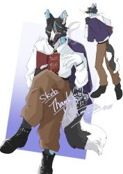 book brown_pants cigarette furry furry_male highres jacket pants purple_jacket shirt white_shirt wolf_boy