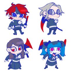 2boys 2girls amemiya_darumi aotsuki_eito axe black_hair blue_eyes blue_hair blush chibi chibi_only closed_mouth glasses grey_eyes heart holding holding_axe holding_scythe holding_sword holding_weapon knife long_hair multicolored_eyes multicolored_hair multiple_boys multiple_girls open_mouth pink_eyes purple_hair red_eyes red_hair scythe shizuhara_hiruko smile sumino_takumi sword teeth the_hundred_line_-last_defense_academy- tongue tongue_out twintails upper_teeth_only weapon white_hair