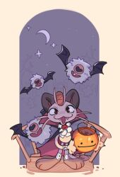 apchuyuji bat_(animal) brown_eyes cat claws commentary creatures_(company) fang game_freak gen_1_pokemon gen_5_pokemon grave halloween halloween_bucket halloween_costume highres holding looking_at_viewer meowth nintendo pokemon pokemon_(creature) smile standing symbol-only_commentary tail tombstone trick_or_treat whiskers woobat
