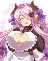 1girl :d ^_^ after_paizuri afuro apron blush bow braid breast_suppress breasts brown_sweater cleavage cleavage_cutout closed_eyes clothing_cutout cum cum_on_body cum_on_breasts cum_on_upper_body draph female_focus granblue_fantasy hair_bow hair_ornament hair_over_one_eye head_tilt heart heart_cutout heart_hair_ornament horns huge_breasts light_purple_hair long_hair long_sleeves looking_at_viewer narmaya_(granblue_fantasy) narmaya_(valentine)_(granblue_fantasy) open_mouth pointy_ears purple_bow ribbed_sweater sleeves_past_wrists smile solo sparkle sweater very_long_hair white_apron white_background
