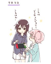 2girls :o blue_shirt blush_stickers brown_eyes brown_hair collared_shirt commentary_request cropped_legs cropped_torso funami_yui green_eyes hair_bobbles hair_ornament handheld_game_console highres holding holding_handheld_game_console long_sleeves multiple_girls namori nintendo_switch open_mouth pink_hair pleated_skirt pointing purple_shirt shirt short_hair simple_background skirt translation_request twintails white_background white_skirt yoshikawa_chinatsu yuruyuri