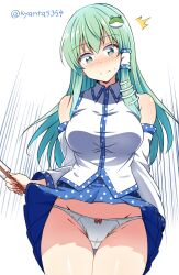 Rule 34 | 1girl, bare shoulders, blue skirt, blush, breasts, clothes lift, detached sleeves, frog, frog hair ornament, gohei, green eyes, green hair, hair ornament, hair tubes, highres, kochiya sanae, kyanta5354, large breasts, looking at viewer, nontraditional miko, panties, ribbed panties, shirt, simple background, single hair tube, skirt, skirt lift, snake, snake hair ornament, solo, touhou, underwear, white background, white panties, white shirt