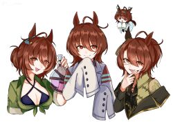 :d agnes_tachyon_(lunatic_lab)_(umamusume) agnes_tachyon_(sigma_experiment)_(umamusume) agnes_tachyon_(uma_stars)_(umamusume) agnes_tachyon_(umamusume) ahoge animal_ears bikini black_nails black_shirt blue_bikini blush breasts brown_hair buttons chibi coat collared_coat collared_shirt commentary ear_covers ear_ornament earrings flask green_coat green_shirt hair_between_eyes halterneck hand_on_own_face hexagon_print highres holding holding_flask horse_ears horse_girl jewelry lab_coat long_sleeves looking_at_viewer medium_breasts medium_hair monocle nail_polish off_shoulder official_alternate_costume official_alternate_hairstyle open_mouth ponytail red_eyes round-bottom_flask shirt sidelocks simple_background single_ear_cover single_earring sleeves_past_fingers sleeves_past_wrists sleeves_rolled_up smile swimsuit teru_(t_nano) umamusume upper_body very_long_sleeves white_background wide_sleeves