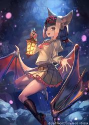 1girl animal_ears bat_ears bat_wings black_boots black_hair black_skirt boots commentary_request common_vampire_bat_(kemono_friends) fang flying frilled_skirt frills kemono_friends kemono_friends_3 lack lantern long_sleeves looking_at_viewer multicolored_hair neckerchief night official_art pink_eyes pink_hair pink_neckerchief pleated_skirt purple_hair sailor_collar school_uniform serafuku shirt short_hair skirt solo white_hair white_shirt wings