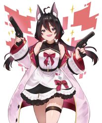 1girl abstract_background absurdres ahoge animal_ear_fluff armpit_crease black_dress black_hair blue_eyes bow clothing_cutout coat commentary_request commission cowboy_shot diamond_(shape) double-parted_bangs dress dress_bow fang fingernails floating_hair frilled_dress frills gun hair_between_eyes highres holding holding_gun holding_weapon ito_yoshi layered_dress long_bangs long_hair long_sleeves looking_at_viewer multicolored_hair open_clothes open_coat open_mouth original pink_nails red_bow red_hair short_dress skeb_commission sleeveless sleeveless_dress sleeves_past_wrists smile solo star_(symbol) straight-on streaked_hair thigh_strap twintails v-shaped_eyebrows walking weapon white_background white_coat white_dress wide_sleeves
