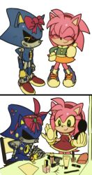 amy_rose blush bottle bow bracelet chair child desk dochisukiovo dress eyelashes false_eyelashes feminine gloves green_eyes green_sweater hedgehog jewelry legs lipstick makeup makeup_kit medium_hair metal_sonic mirror orange_skirt perfume_bottle pink_fur pink_hair red_dress robot sega shoes sittin skirt smile sneakers sonic_(series) sonic_cd sonic_the_hedgehog_(classic) spiked_hair sticker sweater tail