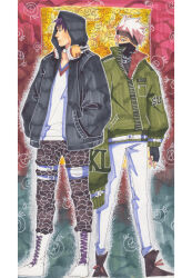 Rule 34 | 2boys, absurdres, black hair, boots, full body, grey hair, hatake kakashi, headphones, headphones around neck, highres, jacket, male focus, mask, mouth mask, multiple boys, naruto (series), naruto shippuuden, pants, ppposter, short hair, spiked hair, uchiha obito, white pants