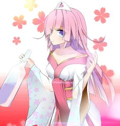 bare_shoulders blue_eyes bottle emil_chronicle_online from_side furisode hair_ornament highres holding holding_bottle japanese_clothes kimono long_hair pink_hair sake_bottle towa_(emil_chronicle_online) yahoo0124