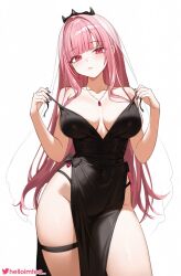 1girl bare_shoulders black_bow black_dress black_nails black_tiara bow breasts closed_mouth collarbone commentary covered_navel dress fingernails groin helloimtea highres holding_strap hololive hololive_english jewelry large_breasts long_hair looking_at_viewer mori_calliope nail_polish necklace pink_eyes pink_hair see-through_clothes see-through_veil simple_background solo thigh_strap thighs tiara twitter_logo twitter_username veil virtual_youtuber white_background white_veil