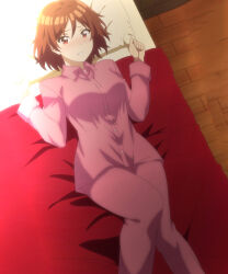 1girl absurdres anime_screenshot bed bed_sheet blush breasts buttons class_no_daikirai_na_joshi_to_kekkon_suru_koto_ni_natta. female_focus head_on_pillow highres large_breasts long_sleeves looking_at_viewer lying on_back on_bed pajamas pillow pink_pajamas pink_shirt red_blanket red_eyes red_hair sakuramori_akane shirt short_hair solo stitched teeth third-party_edit white_bed