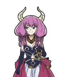1girl aura_(sousou_no_frieren) balance_scale black_gloves blue_eyes braid breasts cleavage clothing_cutout commentary_request demon_horns dress elbow_gloves gloves highres holding horns jewelry medium_breasts multiple_braids navel navel_cutout neck_ring nervous_smile norigurin purple_hair smile solo sousou_no_frieren strapless strapless_dress sweatdrop weighing_scale
