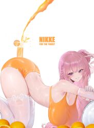 1girl alternate_costume arched_back ass bare_shoulders blush braid breasts cleavage commentary crop_top dishwasher1910 dorothy_(nikke) elbow_gloves english_commentary food from_side fruit gloves goddess_of_victory:_nikke hanging_breasts highres huge_breasts juice long_hair looking_at_viewer looking_to_the_side orange_(fruit) orange_juice orange_shorts orange_slice orange_tank_top parted_lips pink_hair purple_eyes short_shorts shorts sideboob smile solo tank_top thighhighs thighs white_background white_gloves white_thighhighs