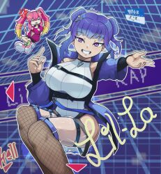 2girls absurdres anger_vein blue_hair blue_jacket boots breasts character_name clenched_teeth crossed_arms demon_girl demon_tail duel_monster evil_twin_lil-la feet_out_of_frame fishnet_thighhighs fishnets hair_between_eyes hair_ornament highres jacket ki-sikil_(yu-gi-oh!) large_breasts leotard lil-la_(yu-gi-oh!) live_twin_ki-sikil long_hair looking_at_another looking_at_viewer multiple_girls official_alternate_costume official_alternate_hairstyle open_clothes open_jacket open_mouth parted_lips pink_boots pink_eyes pink_hair pink_jacket purple_eyes see-through_clothes smile spicezino5 spiked_hair_ornament star_(symbol) star_hair_ornament tail teeth thigh_strap thighhighs very_long_hair white_leotard yu-gi-oh!