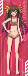 1girl barefoot bikini breasts brown_hair frilled_bikini frills full_body green_eyes hand_on_own_hip highres huang_lingyin infinite_stratos long_hair looking_at_viewer navel official_art orange_bikini plaid_bikini plaid_clothes red_background small_breasts solo standing swimsuit twintails