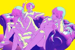 3girls asahina_yuni closed_mouth commentary_request couch dress_shirt earclip highres iwami_kiyoko jacket kyou_wa_kanojo_ga_inai_kara limited_palette long_hair multiple_girls natsume_nanase pants pear_shaped_figure shirt shoes short_hair sitting steepled_fingers taki_fuuko
