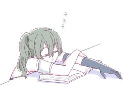 1girl absurdres bare_shoulders black_gloves book closed_eyes closed_mouth gloves hair_between_eyes highres long_hair open_book seila_rei side_ponytail simple_background single_glove sleeping solo sousou_no_frieren ubel_(sousou_no_frieren) upper_body white_background zzz