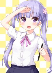 Rule 34 | 1girl, arm up, blue skirt, blush, buttons, checkered background, collared shirt, commentary request, flower, hair flower, hair ornament, highres, holding, holding stylus, long hair, looking at viewer, neck ribbon, new game!, open mouth, purple eyes, purple hair, purple ribbon, ribbon, ruu (tksymkw), shirt, short sleeves, skirt, solo, stylus, suzukaze aoba, twintails, upper body, white background, white shirt, yellow background