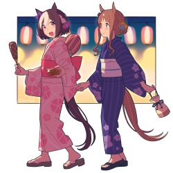 2girls :d animal_ears bag blue_eyes blue_kimono brown_hair commentary_request food full_body grass_wonder_(umamusume) highres holding holding_bag holding_food horse_ears horse_girl horse_tail japanese_clothes kimono multicolored_hair multiple_girls obi open_mouth pink_kimono purple_eyes sash short_hair smile special_week_(umamusume) streaked_hair tail teddy_(takarada) two-tone_background umamusume walking white_background white_hair yukata