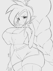 1girl absurdres bare_shoulders blush braid braided_ponytail breasts cleavage crop_top curvy genie grey_background highres large_breasts long_hair midriff monochrome navel pointy_ears ponytail shantae shantae_(series) short_shorts shorts sketch sleeveless narrow_waist smile solo stomach thick_thighs thighhighs thighs very_long_hair wide_hips zoey_kazuya