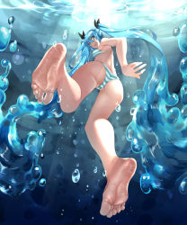 1girl ass black_ribbon blue_eyes blue_hair diving eiji_(eiji) feet from_behind hair_ribbon hatsune_miku highres long_hair open_mouth panties ribbon soles solo striped_clothes striped_panties swimming toes twintails underwater underwear vocaloid