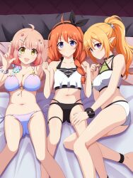 3girls absurdres ahoge ankle_strap bead_bracelet beads bikini black_bikini black_hairband black_headband black_scrunchie blonde_hair blue_eyes bow_hairband bracelet braid breasts chieru_(princess_connect!) chieru_(winter)_(princess_connect!) chloe_(princess_connect!) chloe_(winter)_(princess_connect!) cleavage closed_mouth collarbone elf friendship_club_(princess_connect!) frilled_bikini_top hair_ornament hair_over_shoulder hairband hairclip hand_on_another&#039;s_thigh headband highres holding holding_jewelry holding_necklace ishida_seito jewelry large_breasts layered_bikini long_hair looking_at_viewer low_twin_braids lying medium_breasts medium_hair multiple_girls navel necklace o-ring o-ring_top on_back on_bed on_side open_mouth orange_hair pink_hair pointy_ears ponytail princess_connect! purple_bikini purple_eyes scrunchie small_breasts smile star_(symbol) star_hair_ornament star_necklace swimsuit thigh_strap twin_braids white_bikini wrist_scrunchie yellow_eyes yuni_(princess_connect!) yuni_(winter)_(princess_connect!)