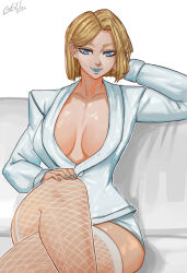 1girl blonde_hair blue_eyes blue_lips breasts collarbone couch dress emma_frost fishnet_thighhighs fishnets gelldraws highres large_breasts looking_at_viewer marvel marvel_rivals short_hair signature sitting solo thighhighs thighs white_dress white_thighhighs x-men