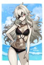 1girl animal_ears bare_arms bare_legs bare_shoulders bat_ears bikini black_bikini breasts cloud embla_(fire_emblem) eyepatch fire_emblem fire_emblem_heroes hand_on_own_hip highres long_hair looking_at_viewer medium_breasts nintendo ocean outdoors red_eyes rotomdocs sky solo sommie_(fire_emblem) swimsuit thighs white_hair