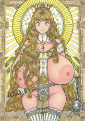1girl blonde_hair breasts christianity cross crown curly_hair green_eyes highres huge_breasts large_areolae long_hair mace mole mole_under_eye nipples official_art oshiete!_galko-chan pelvic_curtain suzuki_ken&#039;ya tagme thighhighs titty_morgane weapon