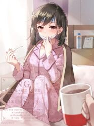 1girl 1other bed black_hair blush bottle breasts brown_eyes closed_mouth collarbone collared_shirt commentary_request cup dress_shirt floral_print hands_up highres holding holding_cup knees_up long_sleeves looking_at_viewer mask mask_pull mouth_mask mug nekozuki_yuki original pajamas pants pillow pink_pajamas pink_pants pink_shirt print_pajamas print_pants print_shirt pulling_own_clothes shirt sick signature sitting small_breasts solo_focus surgical_mask thermometer water_bottle watermark