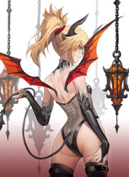1girl ass back bare_shoulders black_thighhighs blonde_hair breasts bridal_gauntlets demon_horns demon_tail demon_wings detached_collar detached_sleeves fate/apocrypha fate_(series) green_eyes highleg highleg_leotard highres horns large_variant_set leotard long_hair looking_at_viewer looking_back mordred_(fate) mordred_(fate/apocrypha) ponytail revision see-through_clothes see-through_leotard sidelocks small_breasts smile solo tail thighhighs tonee variant_set wings