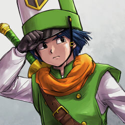 1boy black_eyes blue_hair blunt_ends buttons clift commentary_request double-breasted dragon_quest dragon_quest_iv floating_hair green_hat green_vest grey_background hand_on_headwear hat highres looking_to_the_side male_focus mitre orange_scarf pekuchin_(pekuchin_3) scarf shirt short_hair solo sword sword_on_back upper_body vest weapon weapon_on_back white_shirt