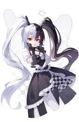 1girl asymmetrical_gloves asymmetrical_legwear asymmetrical_sleeves black_choker black_dress black_gloves black_hair black_pantyhose black_skirt character_request checkered_clothes checkered_skirt chess_piece choker closed_mouth commentary commission criss-cross_straps cropped_torso drawn_crown dress elbow_gloves english_commentary eyelashes frilled_dress frilled_sleeves frills gloves hair_between_eyes hair_ornament hand_on_own_cheek hand_on_own_elbow hand_on_own_face happy highres holding holding_chess_piece indie_virtual_youtuber lace lace-trimmed_gloves lace_trim long_hair miniskirt mismatched_gloves mismatched_legwear mismatched_sleeves multicolored_hair neggiee pantyhose pleated_skirt puffy_short_sleeves puffy_sleeves red_eyes second-party_source short_sleeves skirt skirt_under_dress smile solo twintails two-tone_hair two-tone_skirt very_long_hair virtual_youtuber wavy_hair white_background white_gloves white_hair white_pantyhose white_skirt white_sleeves