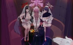 3girls absurdres asymmetrical_bangs bare_shoulders black_hair blue_archive blush breasts closed_eyes halo happening18 high_heels highres ichika_(blue_archive) indoors kaya_(blue_archive) large_breasts long_hair mole mole_under_eye multiple_girls niya_(blue_archive) pink_hair rail_a red_halo small_breasts trait_connection underwear wings yellow_halo