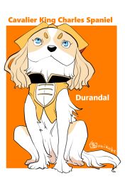 Rule 34 | animal, animal focus, animalization, blue eyes, cavalier king charles spaniel (dog), character name, closed mouth, clothed animal, commentary request, dog, durandal (umamusume), full body, no humans, onikobe rin, orange background, simple background, sitting, two-tone background, umamusume, v-shaped eyebrows, vest, white background, yellow vest