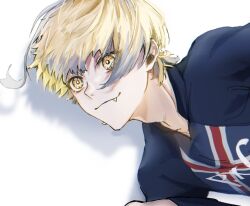 1boy ahoge blonde_hair blue_lock charles_chevalier closed_mouth daizu_yomibbnb2 fang huge_ahoge male_focus simple_background smile sportswear white_background yellow_eyes