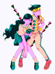 Rule 34 | 1boy, 1girl, colored skin, earrings, green hair, headband, highres, jewelry, jojo no kimyou na bouken, kishibe rohan, kishibe rohan wa ugokanai, makeup, multicolored hair, nail polish, pink eyes, pink skin, purple eyes, school uniform, serafuku, short sleeves, tariah furlow, wavy hair, yamagishi yukako