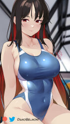 1girl black_hair blue_one-piece_swimsuit breasts colored_inner_hair competition_swimsuit covered_navel damobelmont goddess_of_victory:_nikke highleg highleg_one-piece_swimsuit highres large_breasts long_hair moran_(nikke) multicolored_hair one-piece_swimsuit patreon_logo patreon_username red_eyes red_hair sitting solo swimsuit twitter_logo twitter_username