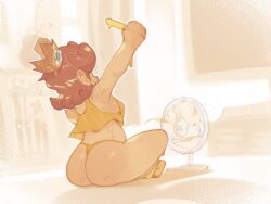 2025 age_difference armpits ass ass_freckles bare_legs bedroom body_freckles bra breasts brown_hair crown fan_(object) food freckles glistening_body glistening_breasts glistening_skin highres huge_ass legs lying mario_(series) nintendo on_side onimiere orange_bra orange_hair orange_thong panties plump popsicle princess princess_daisy sitting smile socks solo stretching sweat sweatdrop thong underwear yellow_socks