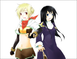 2girls :d black_gloves black_hair black_shorts black_thighhighs blonde_hair blue_eyes blush breasts brown_shirt brown_skirt bun_with_braided_base commentary_request cowboy_shot crop_top cropped_jacket double_bun dress elbow_gloves fingerless_gloves garter_straps gloves hair_bun hunter_(ragnarok_online) jacket juliet_sleeves long_hair long_sleeves looking_at_viewer midriff miniskirt multiple_girls navel open_mouth priest_(ragnarok_online) puffy_sleeves purple_dress ragnarok_online red_eyes shirt short_hair short_shorts short_sleeves shorts shorts_under_skirt side_slit simple_background skirt small_breasts smile thighhighs white_background white_jacket yuro_(shur0)