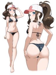 1girl absurdres ass back baseball_cap bikini black_bikini blue_eyes breasts brown_hair closed_mouth cropped_legs full_body ganzzzo hair_through_headwear hat high_ponytail highres hilda_(pokemon) looking_back medium_breasts multiple_views navel nintendo parted_lips pokemon pokemon_bw ponytail sidelocks simple_background smile stomach swimsuit white_background