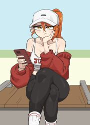 1girl baseball_cap black_pants cellphone closed_mouth collarbone commentary crossed_legs english_commentary feet_out_of_frame hand_on_own_cheek hand_on_own_face hat head_rest highres holding holding_phone hyyun_ho indie_virtual_youtuber jacket june_(hyyun_ho) long_sleeves looking_at_viewer midriff off_shoulder orange_eyes orange_hair pants phone ponytail red_jacket sitting smartphone solo tank_top tight_clothes tight_pants white_hat white_tank_top