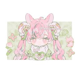 1girl ahoge animal_ears apron blush bun_cover chibi chibi_only cropped_torso double_bun dress english_text flower frilled_apron frills hair_bun hair_ornament long_hair memuro multicolored_hair original pink_eyes pink_hair puffy_sleeves sample_watermark smile streaked_hair twintails upper_body watermark