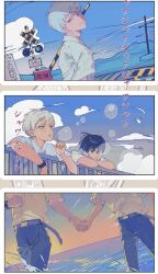 2boys belt black_belt black_hair black_pants cloud cloudy_sky collared_shirt commentary day haekchi hikaru_(hikaru_ga_shinda_natsu) hikaru_ga_shinda_natsu holding_hands looking_at_another lower_body male_focus multiple_boys outdoors pants partially_submerged school_uniform shirt short_hair short_sleeves sky translation_request tsujinaka_yoshiki upper_body water white_hair white_shirt