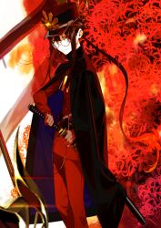Rule 34 | 15-nin no richiteki na megane-tachi, 1boy, belt, black cape, black hat, brown hair, buttons, cape, closed mouth, fate/grand order, fate (series), feet out of frame, flower, from side, game cg, glasses, gloves, gradient hair, hat, holding, holding sheath, holding sword, holding weapon, jacket, katana, long hair, long sidelocks, long sleeves, looking at viewer, low ponytail, male focus, multicolored hair, oda nobukatsu (fate), official art, pako (pakosun), pants, peaked cap, ponytail, red background, red eyes, red hair, red pants, red theme, round eyewear, sheath, sidelocks, smile, solo, spider lily, sword, third-party source, unsheathing, variant set, very long hair, weapon